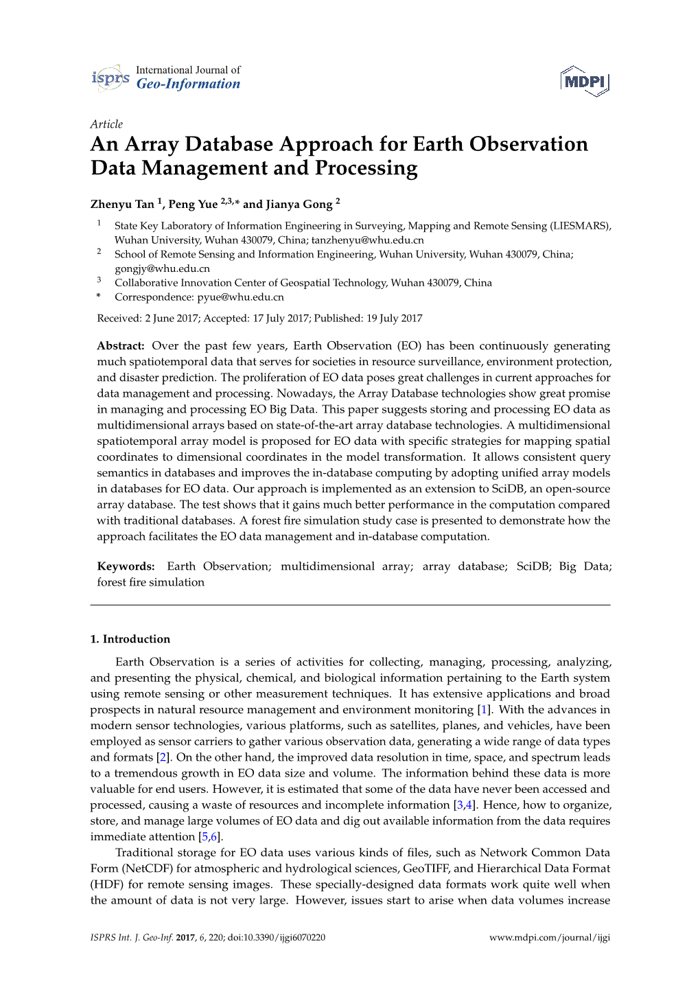 An Array Database Approach for Earth Observation Data Management and Processing