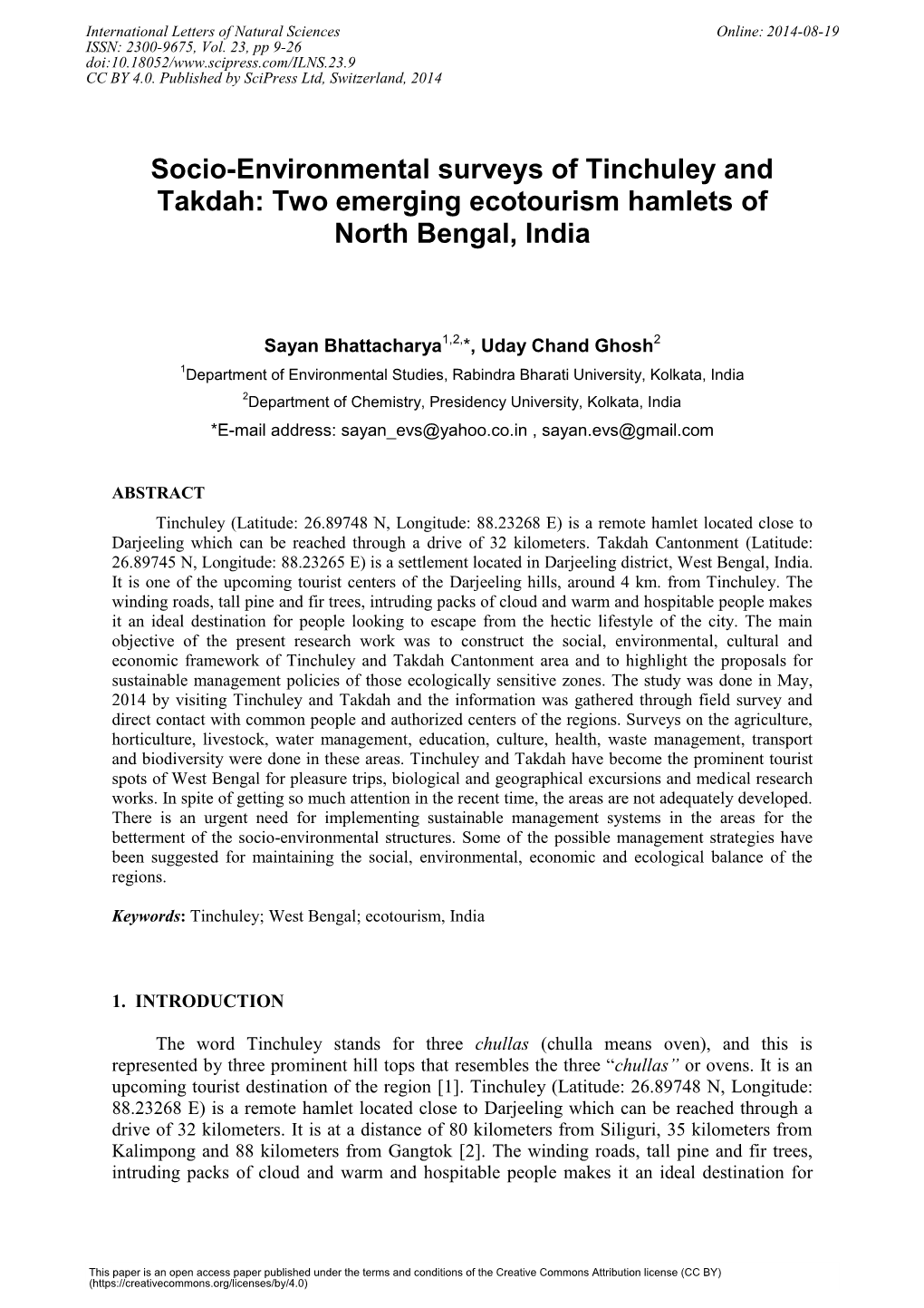 Socio-Environmental Surveys of Tinchuley and Takdah: Two Emerging Ecotourism Hamlets of North Bengal, India