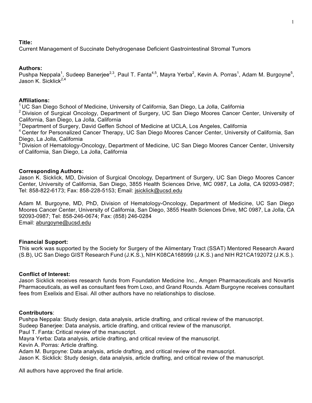 Title: Current Management of Succinate Dehydrogenase Deficient Gastrointestinal Stromal Tumors Authors