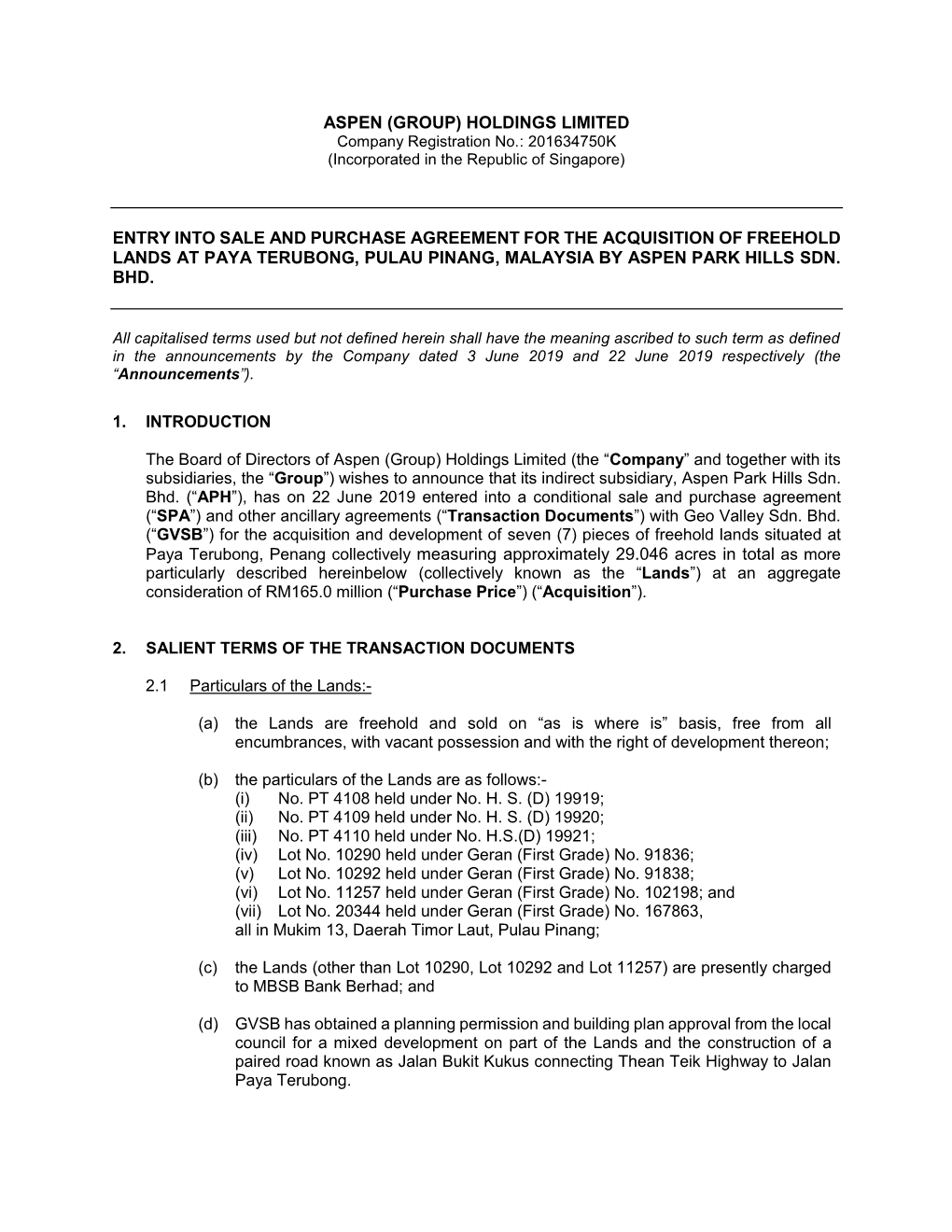 Aspen (Group) Holdings Limited Entry Into Sale And