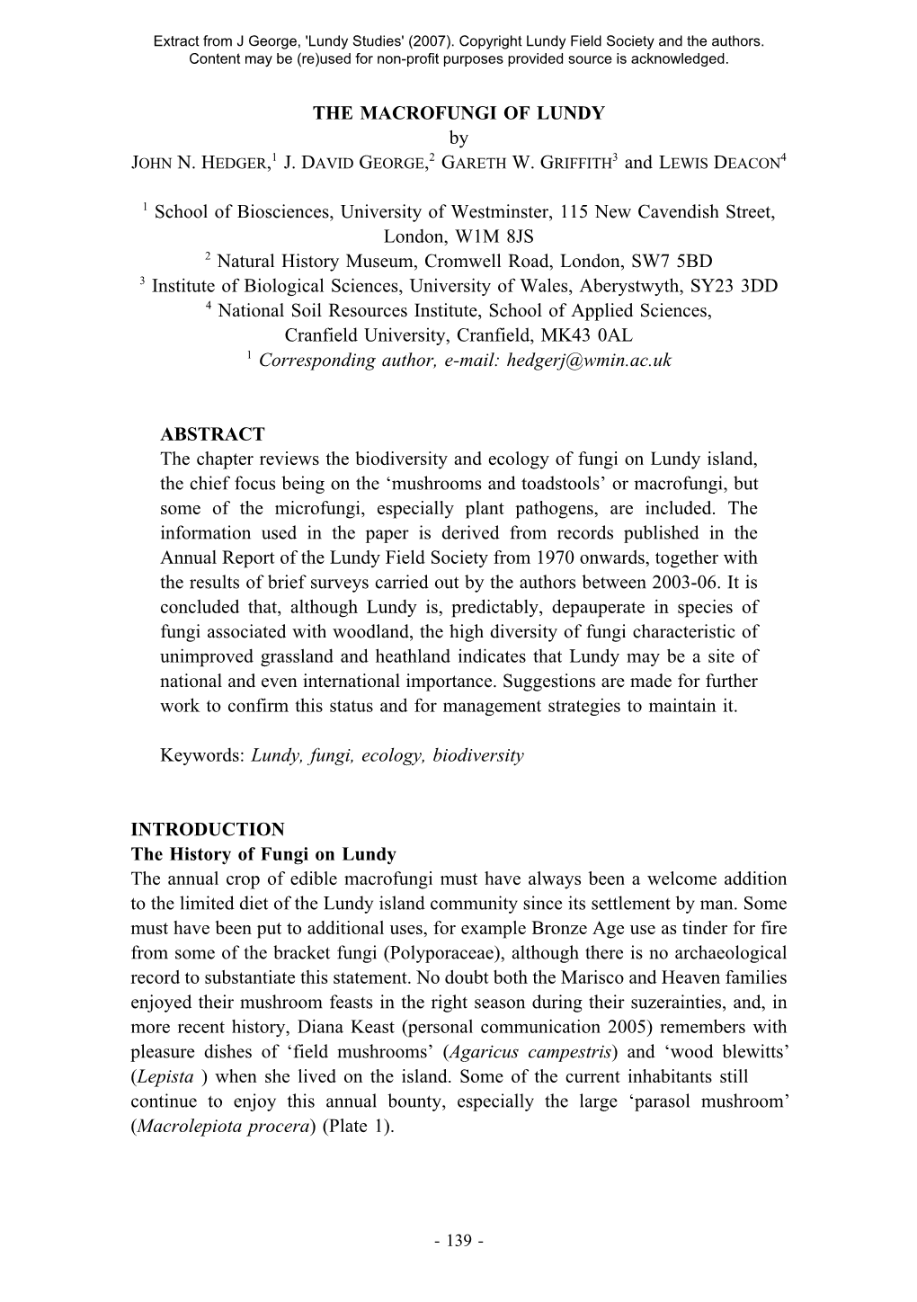 THE MACROFUNGI of LUNDY by JOHN N. HEDGER,1 J