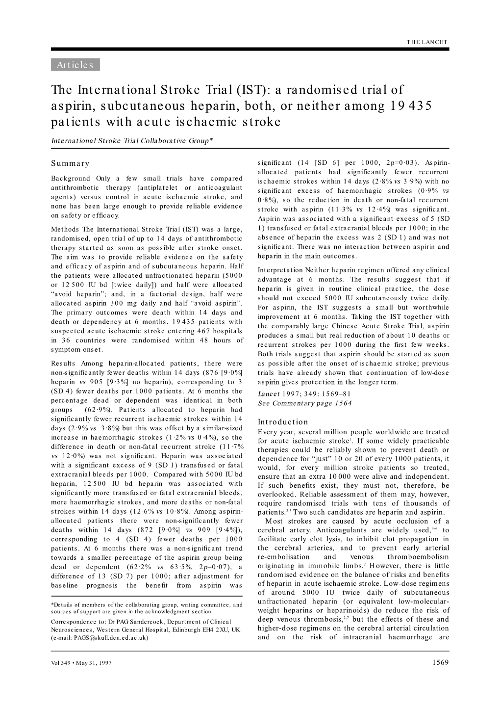 The International Stroke Trial (IST): a Randomised Trial of Aspirin, Subcutaneous Heparin, Both, Or Neither Among 19 435 Patients with Acute Ischaemic Stroke