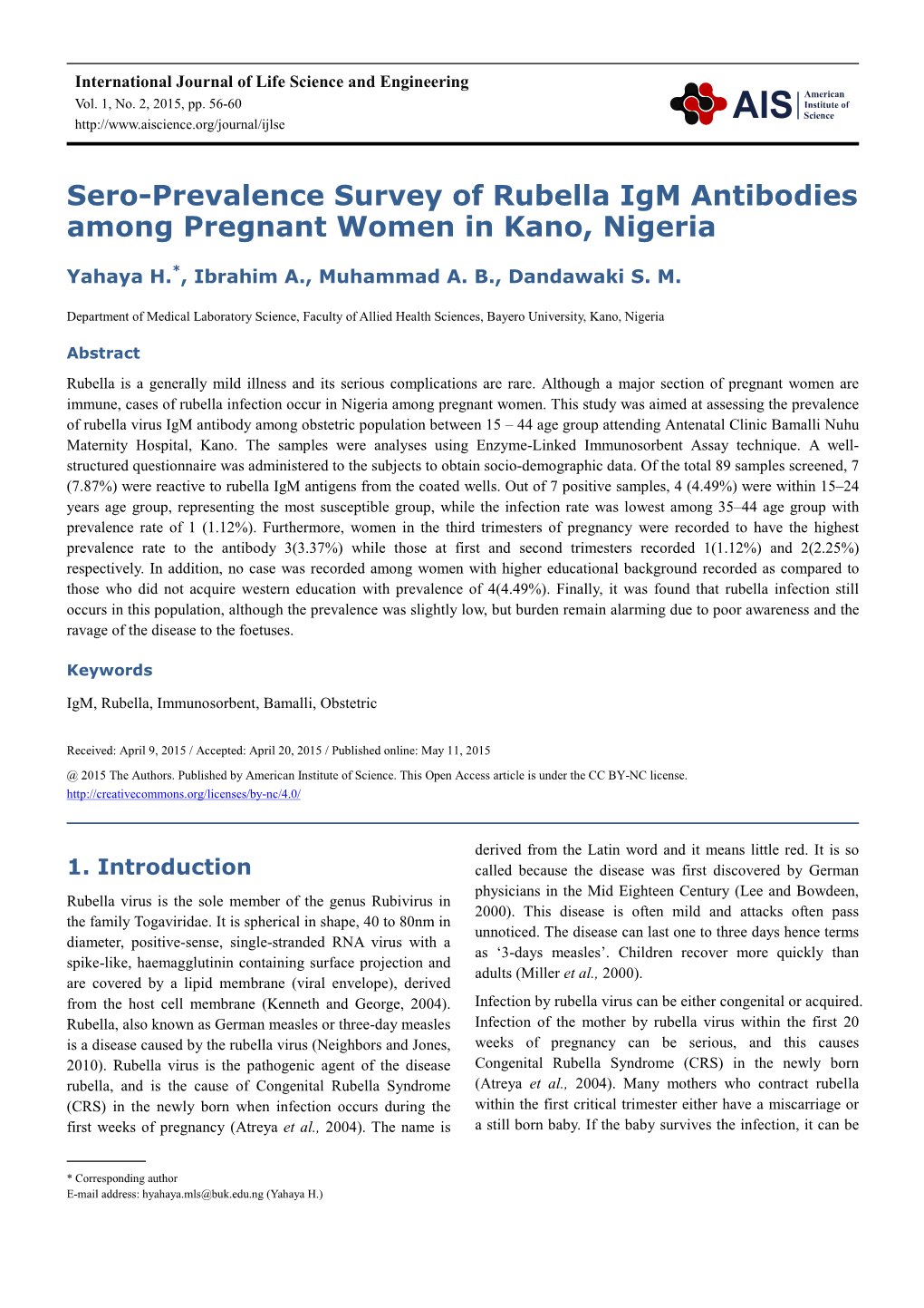 Sero-Prevalence Survey of Rubella Igm Antibodies Among Pregnant Women in Kano, Nigeria
