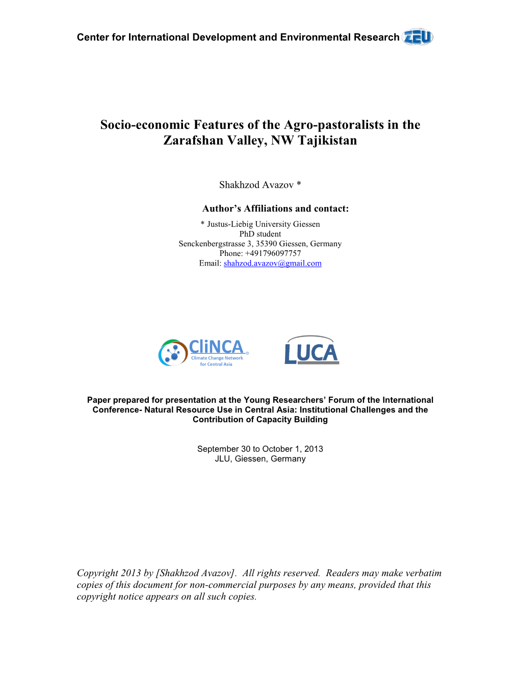 Socio-Economic Features of the Agro-Pastoralists in the Zarafshan Valley, NW Tajikistan