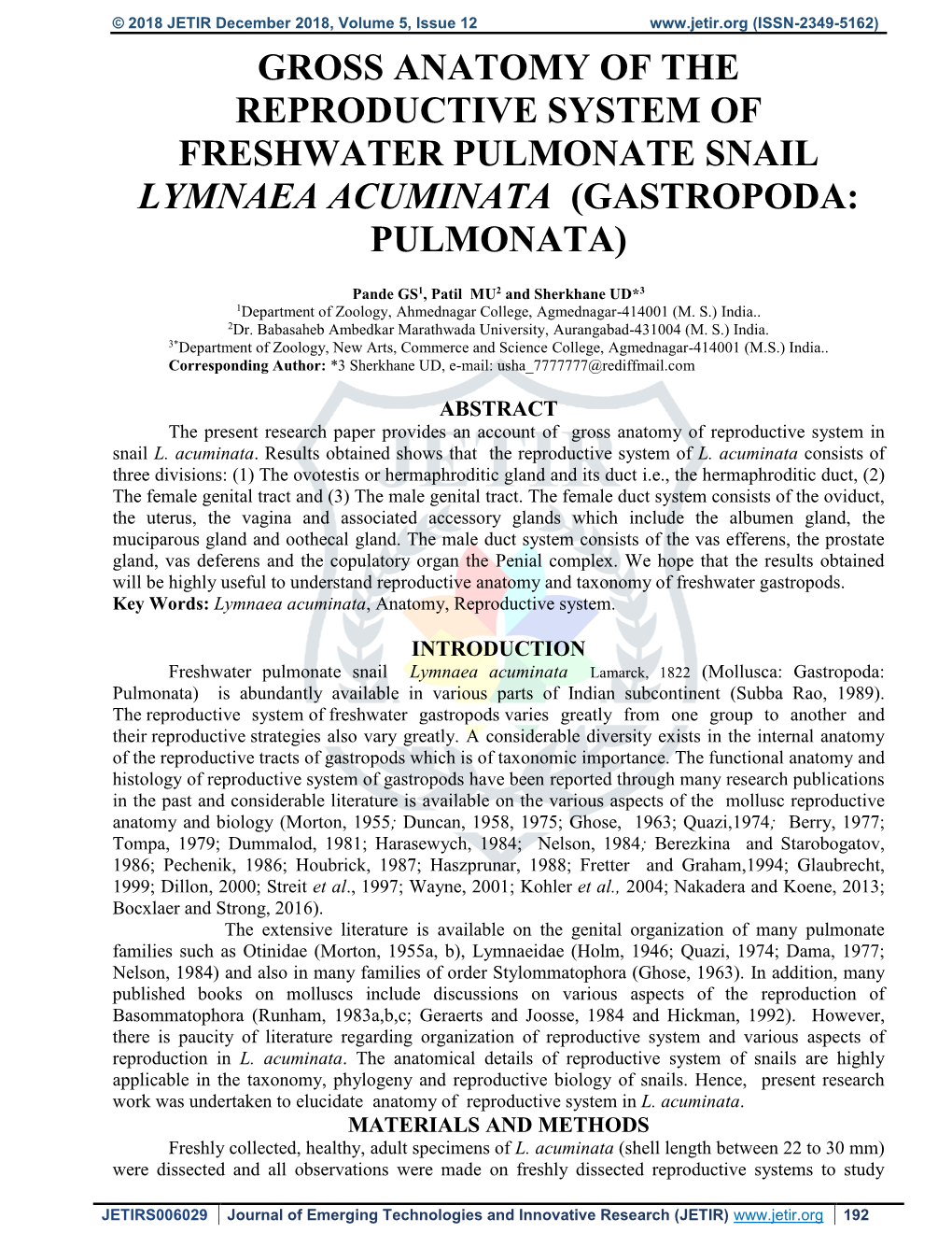 Gross Anatomy of the Reproductive System of Freshwater Pulmonate Snail Lymnaea Acuminata (Gastropoda: Pulmonata)