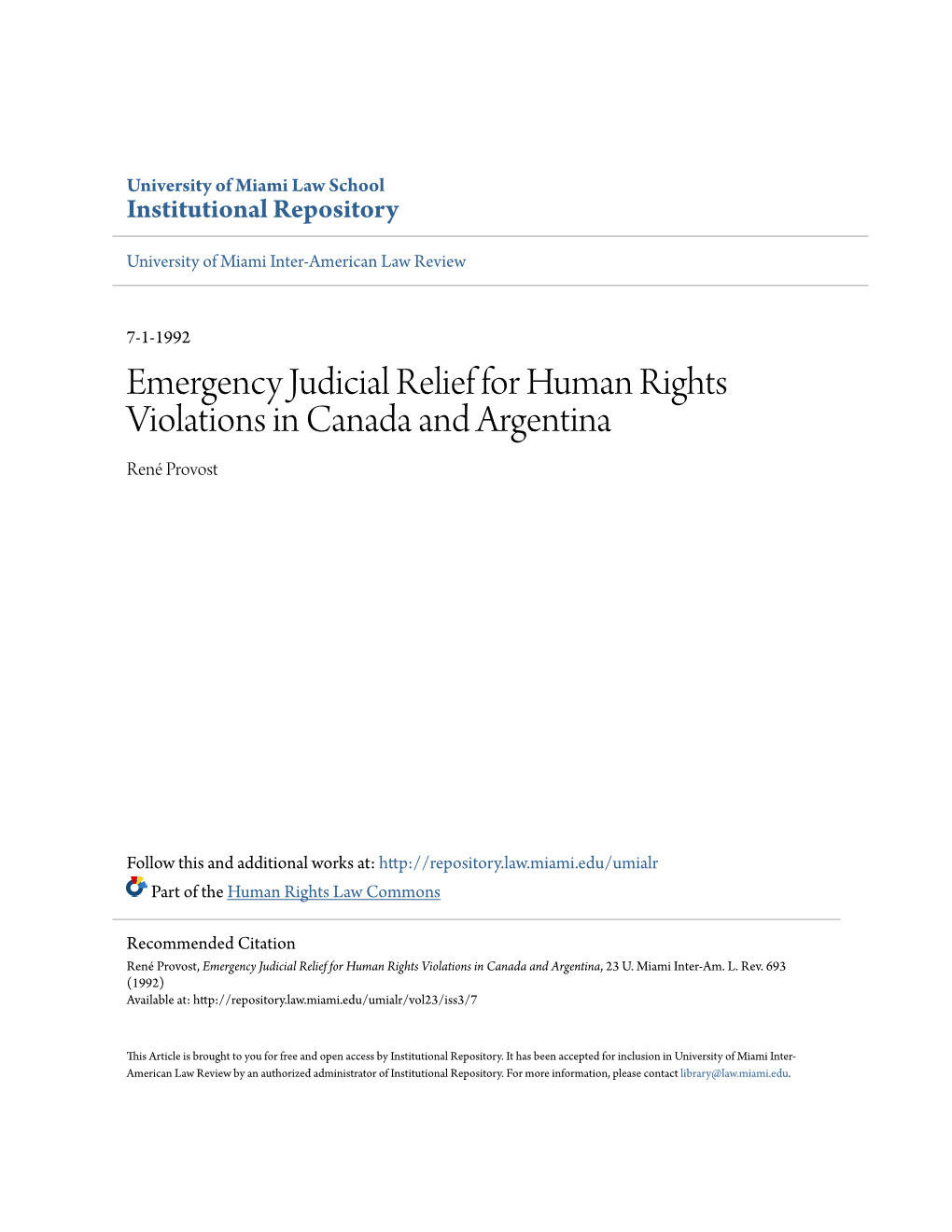 Emergency Judicial Relief for Human Rights Violations in Canada and Argentina René Provost