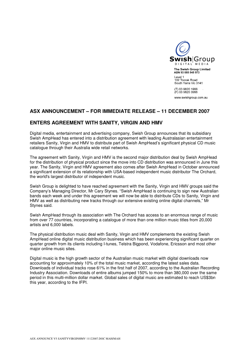 Asx Announcement – for Immediate Release – 11 December 2007