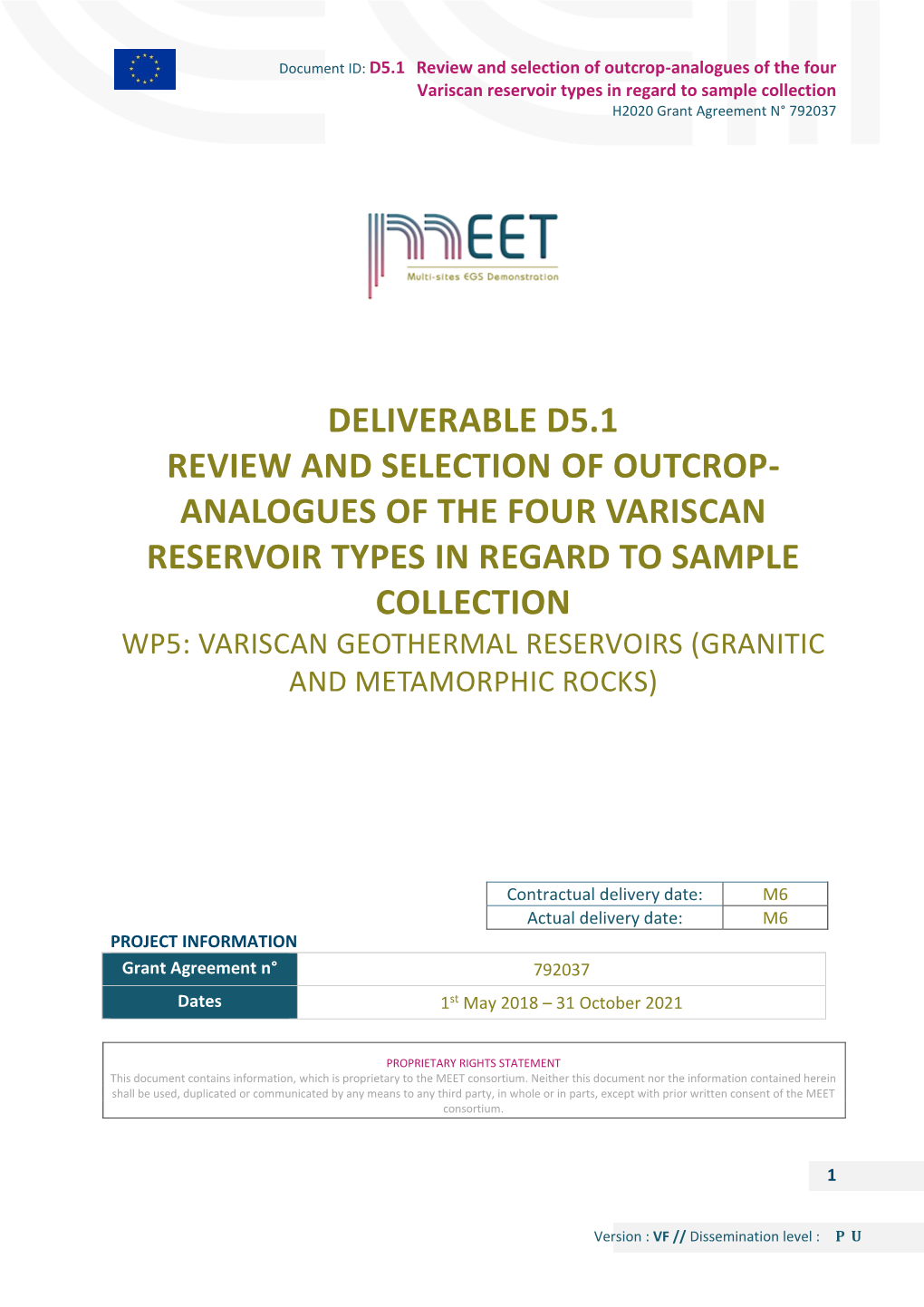 Analogues of the Four Variscan Reservoir Types in Regard to Sample Collection H2020 Grant Agreement N° 792037