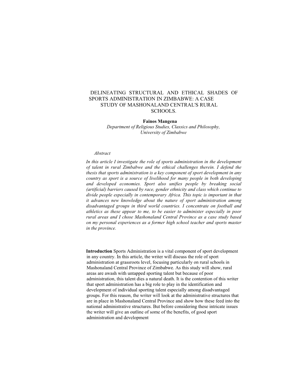 Delineating Structural and Ethical Shades of Sports Administration in Zimbabwe: a Case Study of Mashonaland Central's Rural Schools