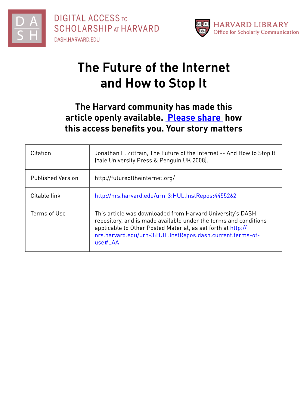 Jonathan Zittrain's “The Future of the Internet: and How to Stop