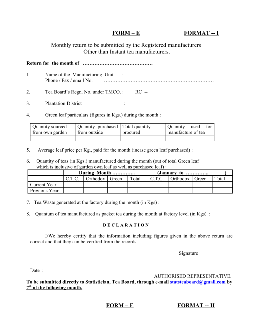 Monthly Return to Be Submitted by the Registered Manufacturers