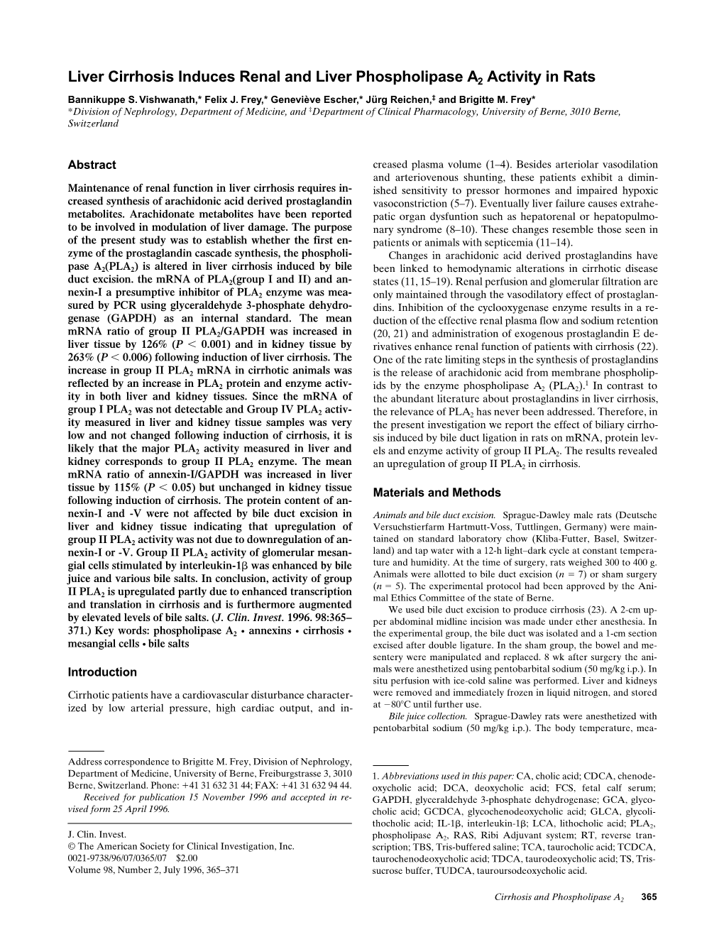 Liver Cirrhosis Induces Renal and Liver Phospholipase A2 Activity in Rats Bannikuppe S