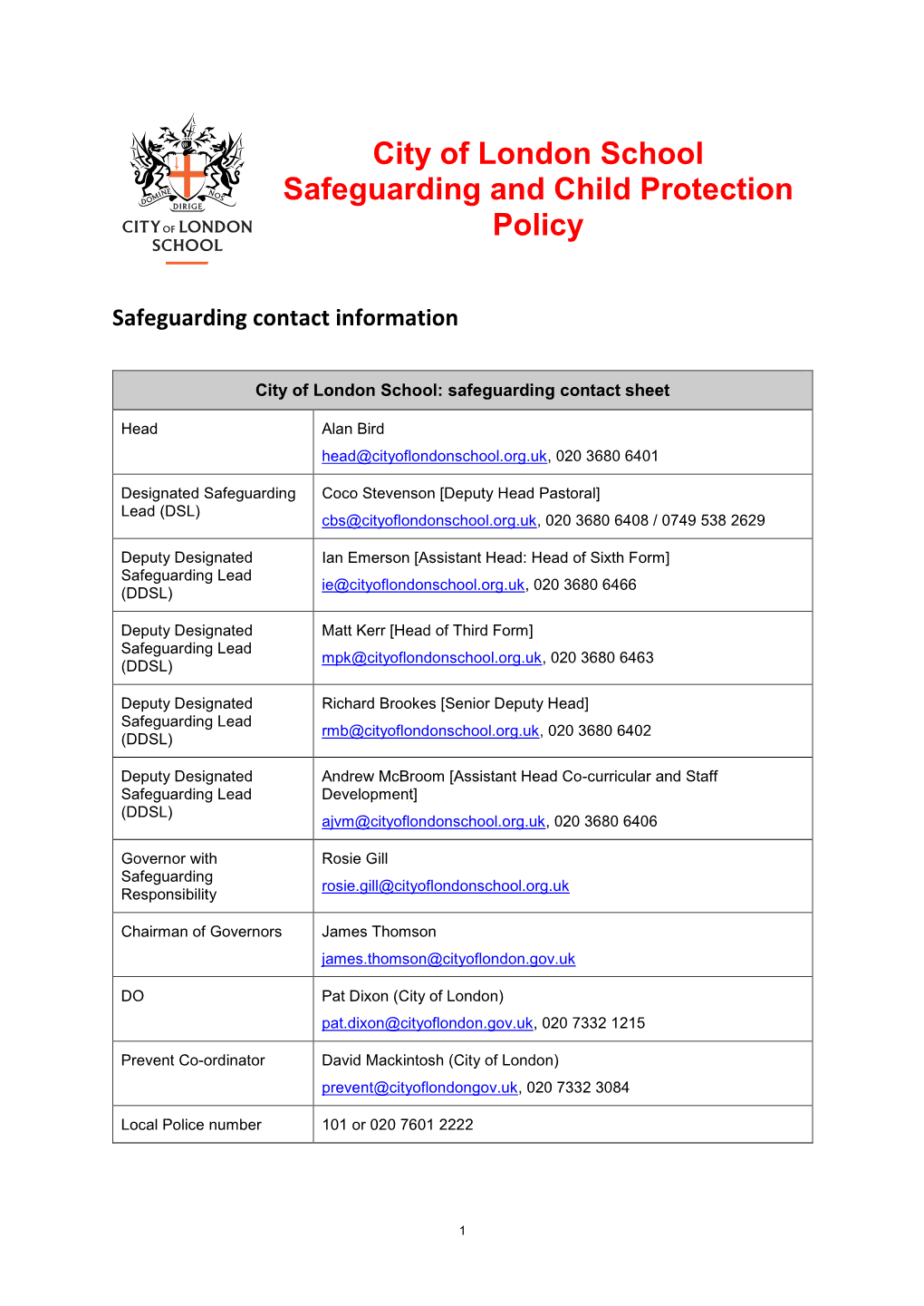 City of London School Safeguarding and Child Protection Policy