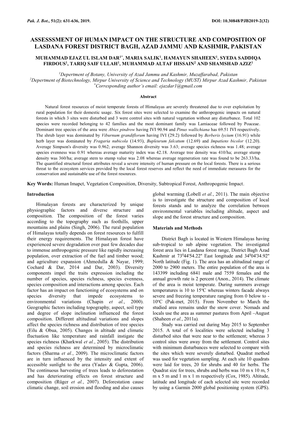 Assesssment of Human Impact on the Structure and Composition of Lasdana Forest District Bagh, Azad Jammu and Kashmir, Pakistan