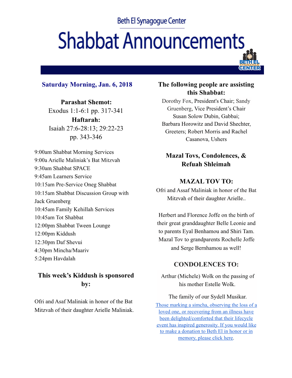 Shabbat Announcements 1.5.18