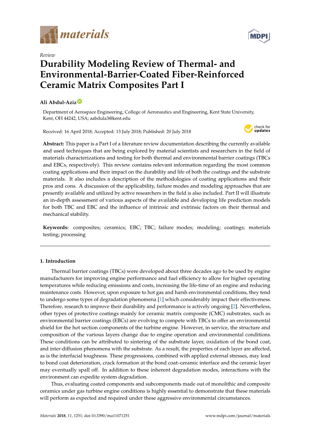Durability Modeling Review of Thermal- and Environmental-Barrier-Coated Fiber-Reinforced Ceramic Matrix Composites Part I