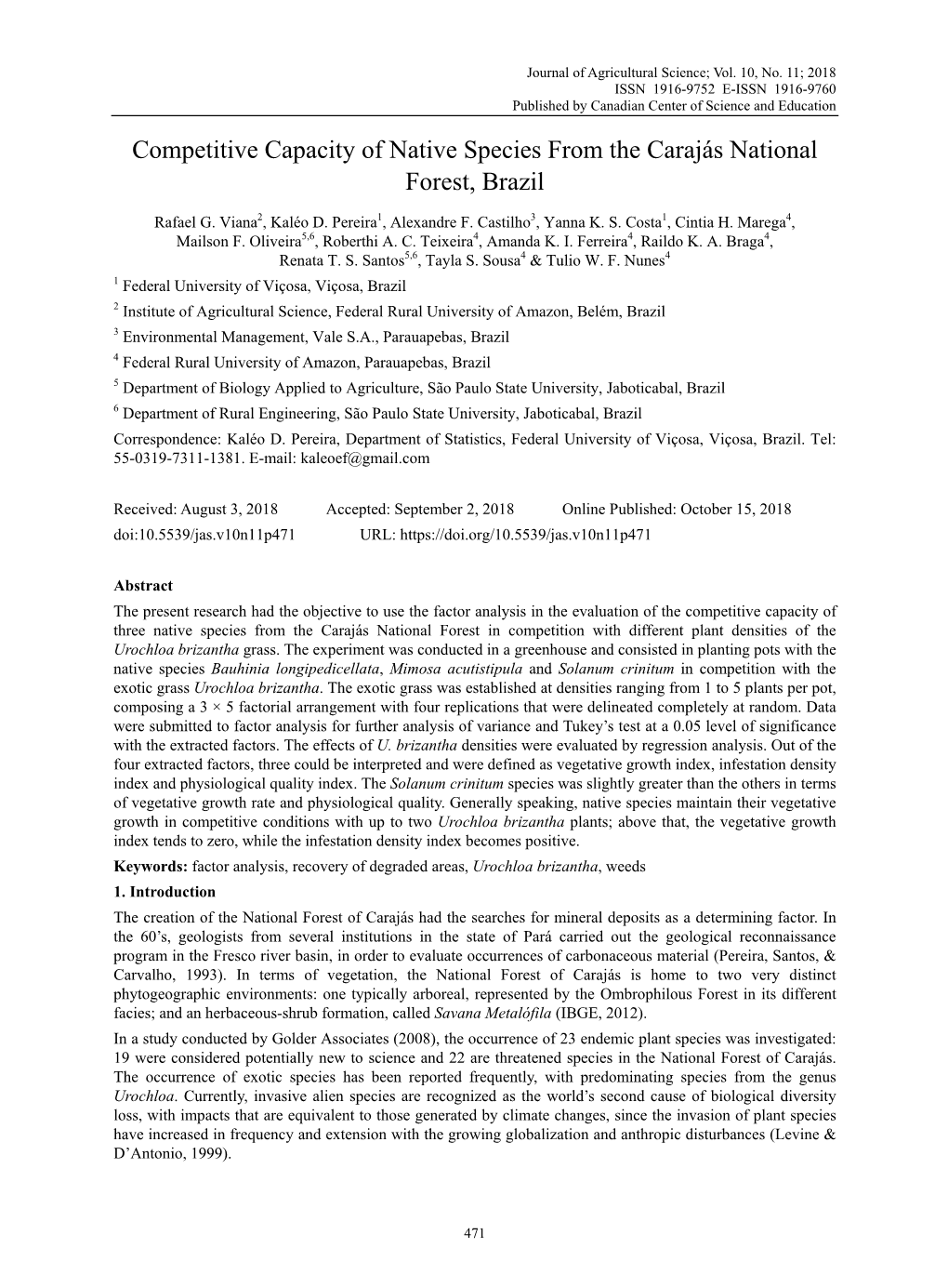 Competitive Capacity of Native Species from the Carajás National Forest, Brazil