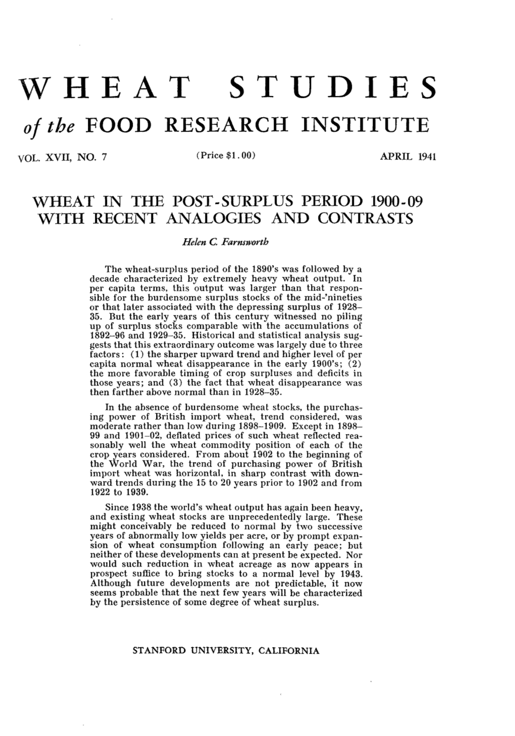 WHEAT STUDIES of the FOOD RESEARCH INSTITUTE