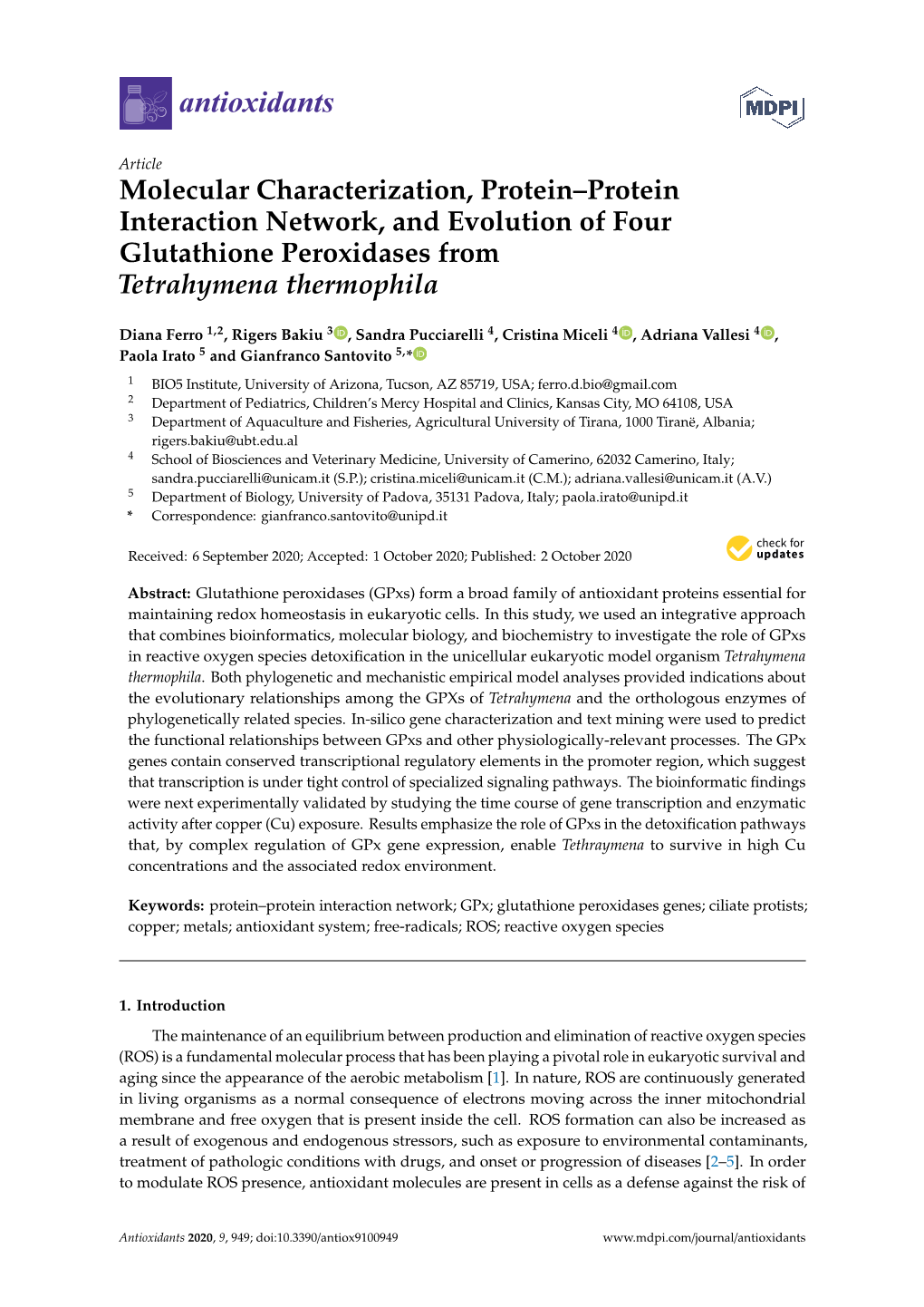 Molecular Characterization, Protein–Protein Interaction Network, and Evolution of Four Glutathione Peroxidases from Tetrahymena Thermophila