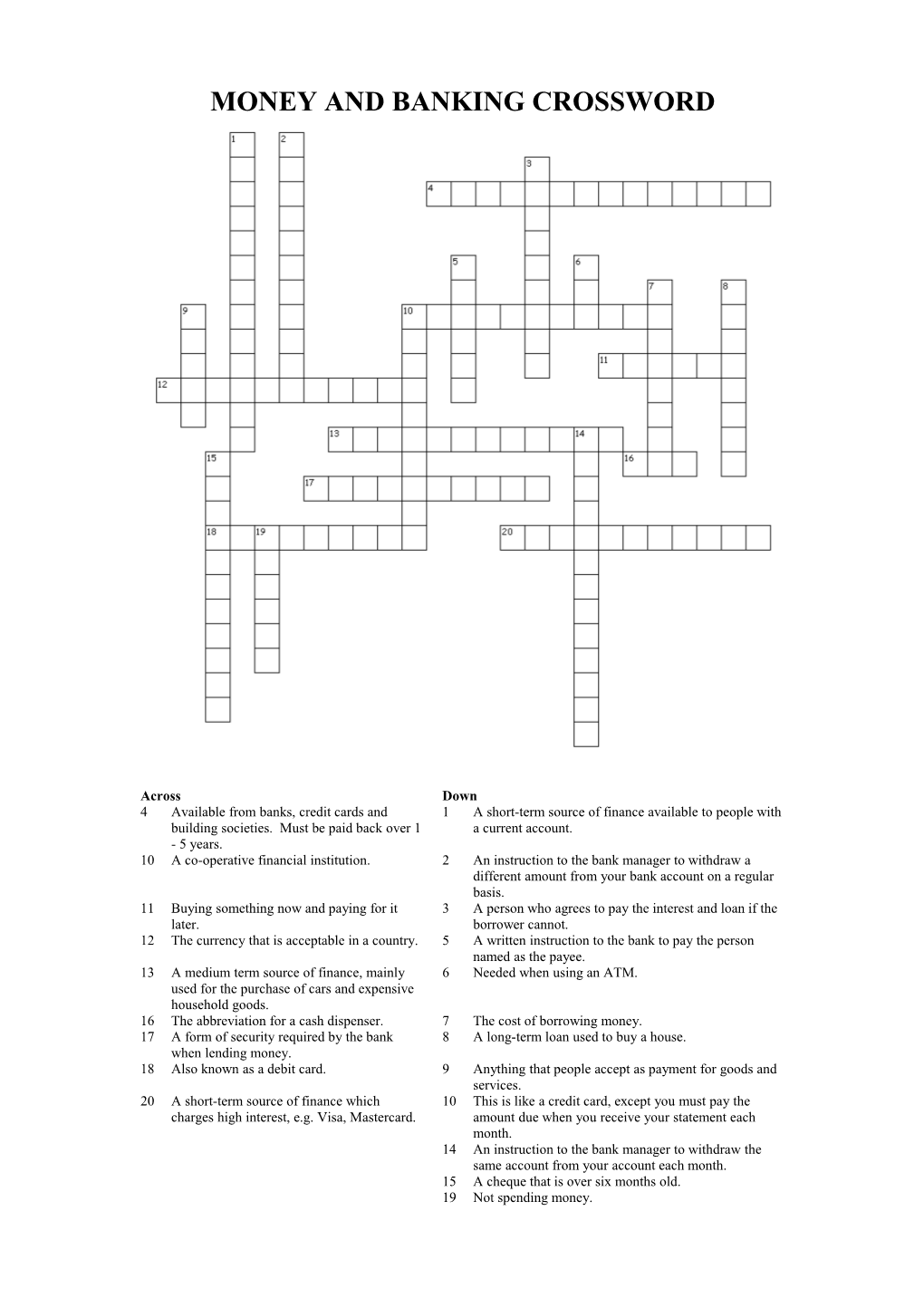 Money and Banking Crossword