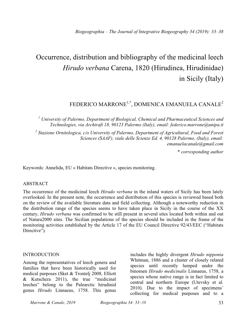 Occurrence, Distribution and Bibliography of the Medicinal Leech Hirudo Verbana Carena, 1820 (Hirudinea, Hirudinidae) in Sicily (Italy)