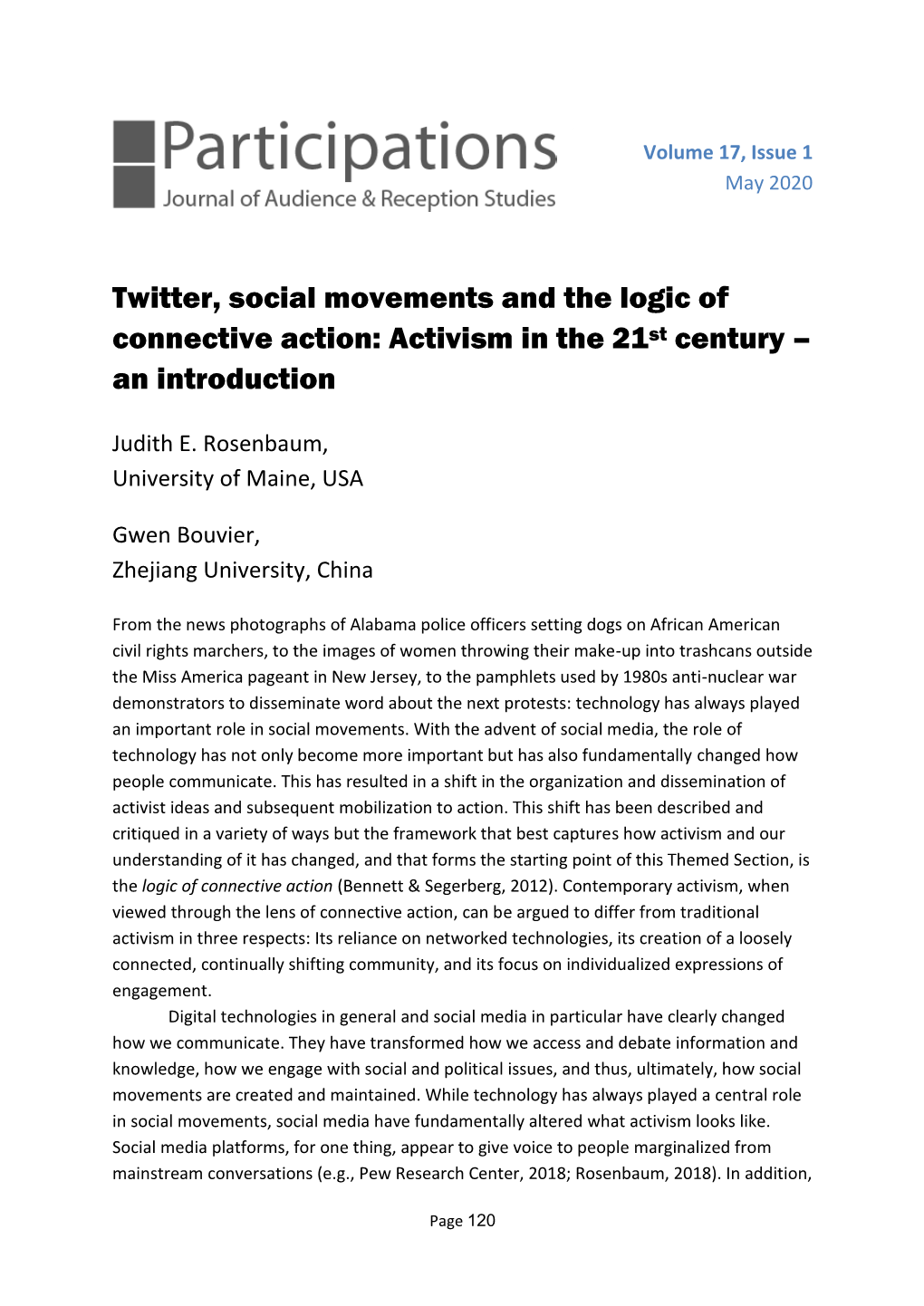 Twitter, Social Movements and the Logic of Connective Action: Activism in the 21St Century – an Introduction