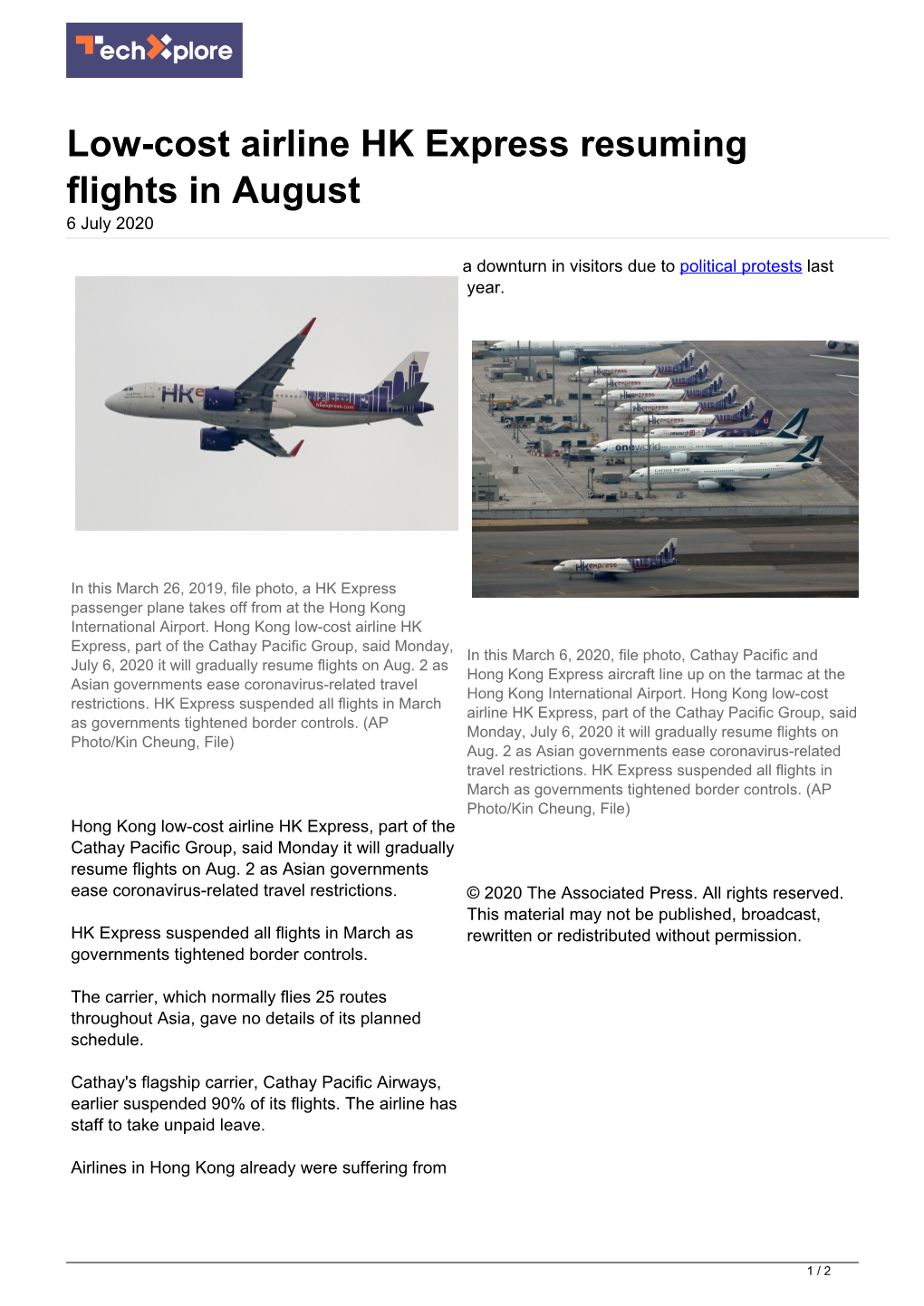 Low-Cost Airline HK Express Resuming Flights in August 6 July 2020