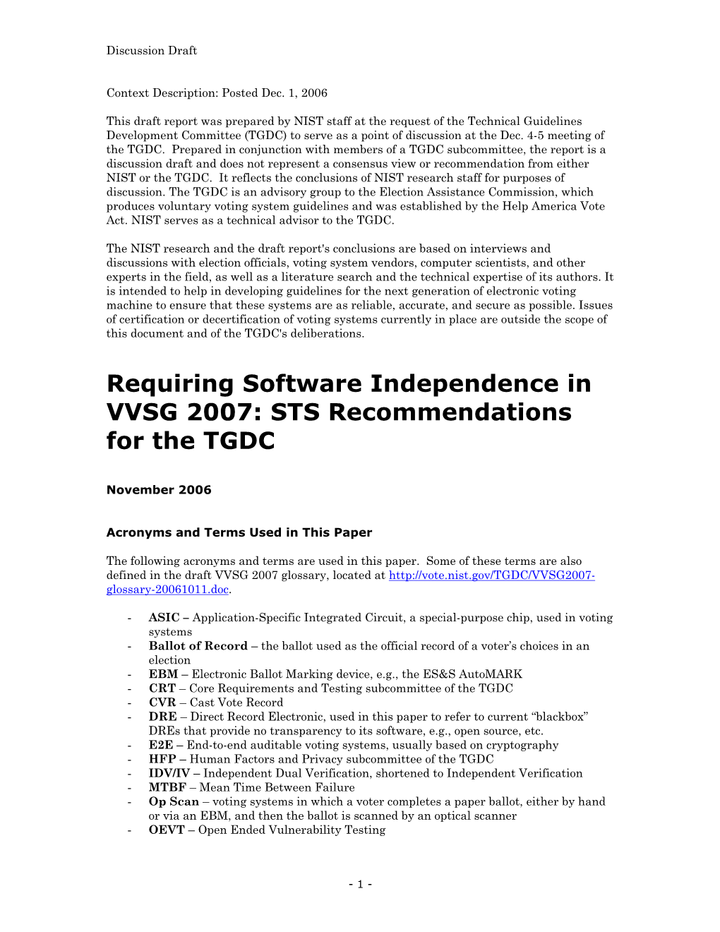 STS Recommendations for the TGDC
