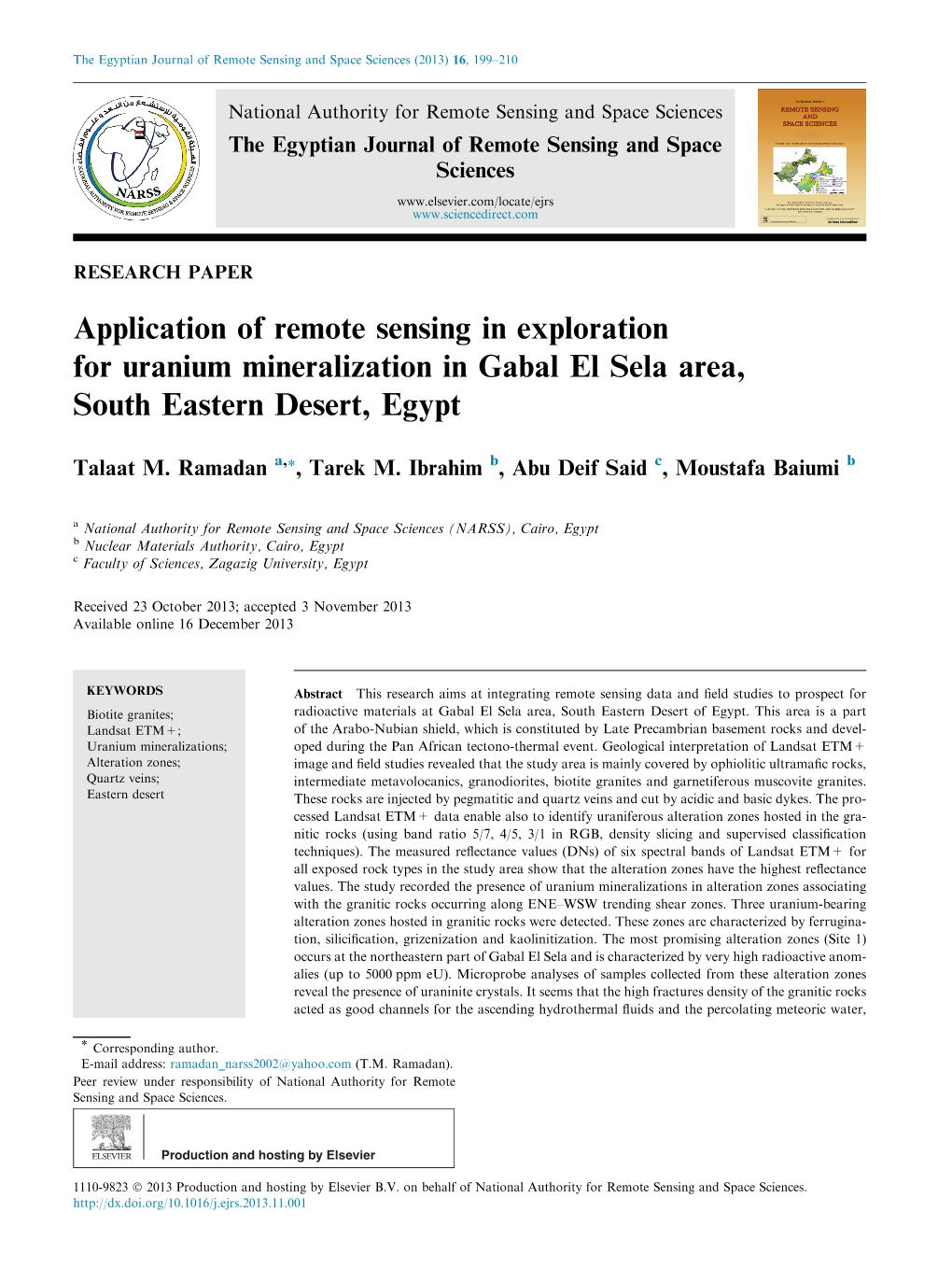 Application of Remote Sensing in Exploration for Uranium Mineralization in Gabal El Sela Area, South Eastern Desert, Egypt