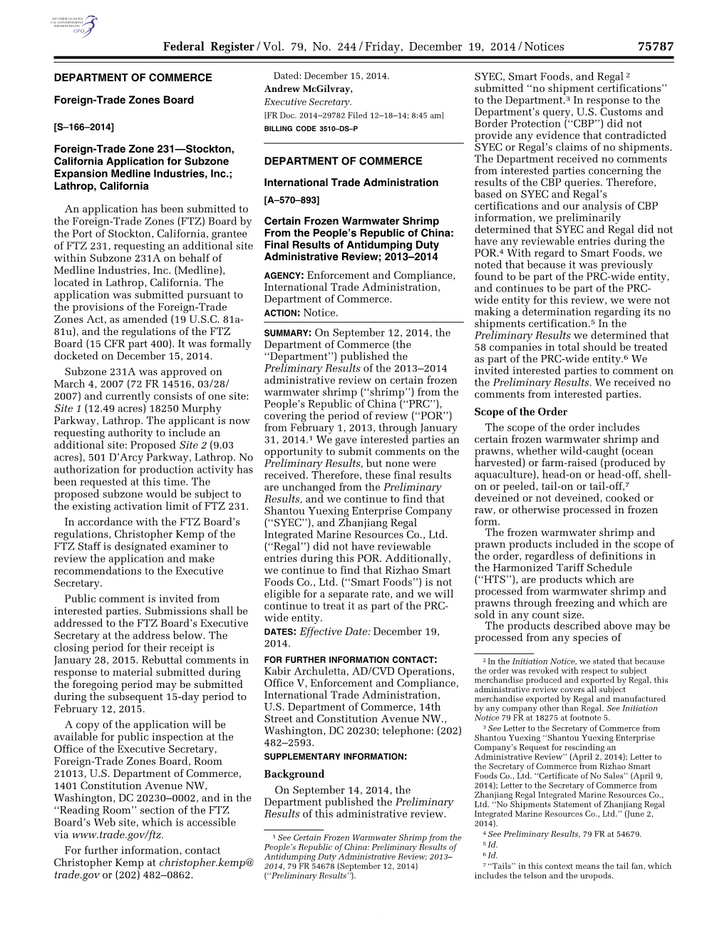 Federal Register/Vol. 79, No. 244/Friday, December 19, 2014