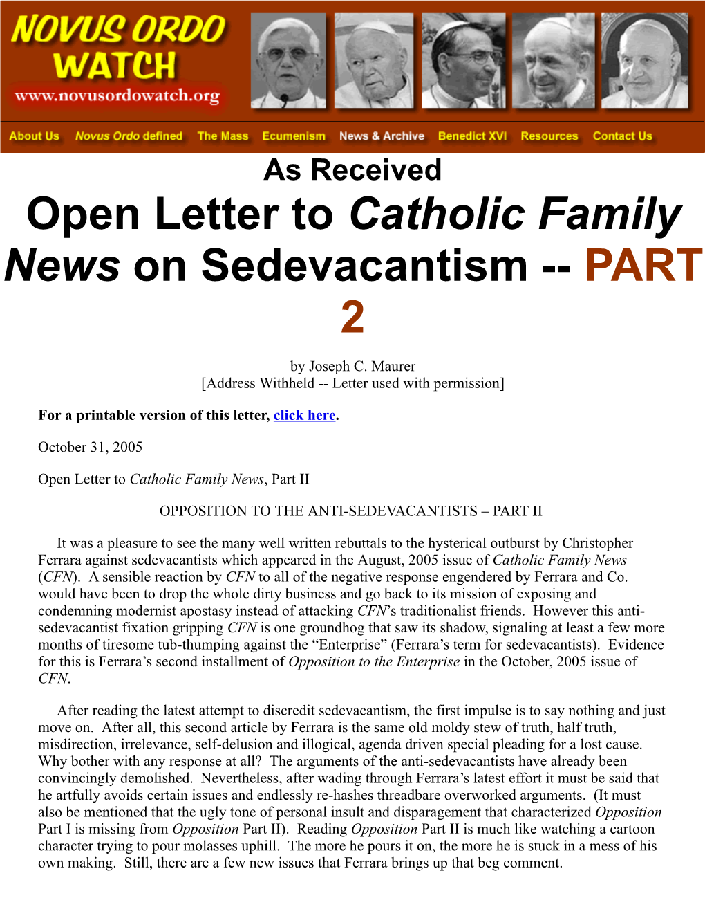 Open Letter to Catholic Family News on Sedevacantism -- PART 2