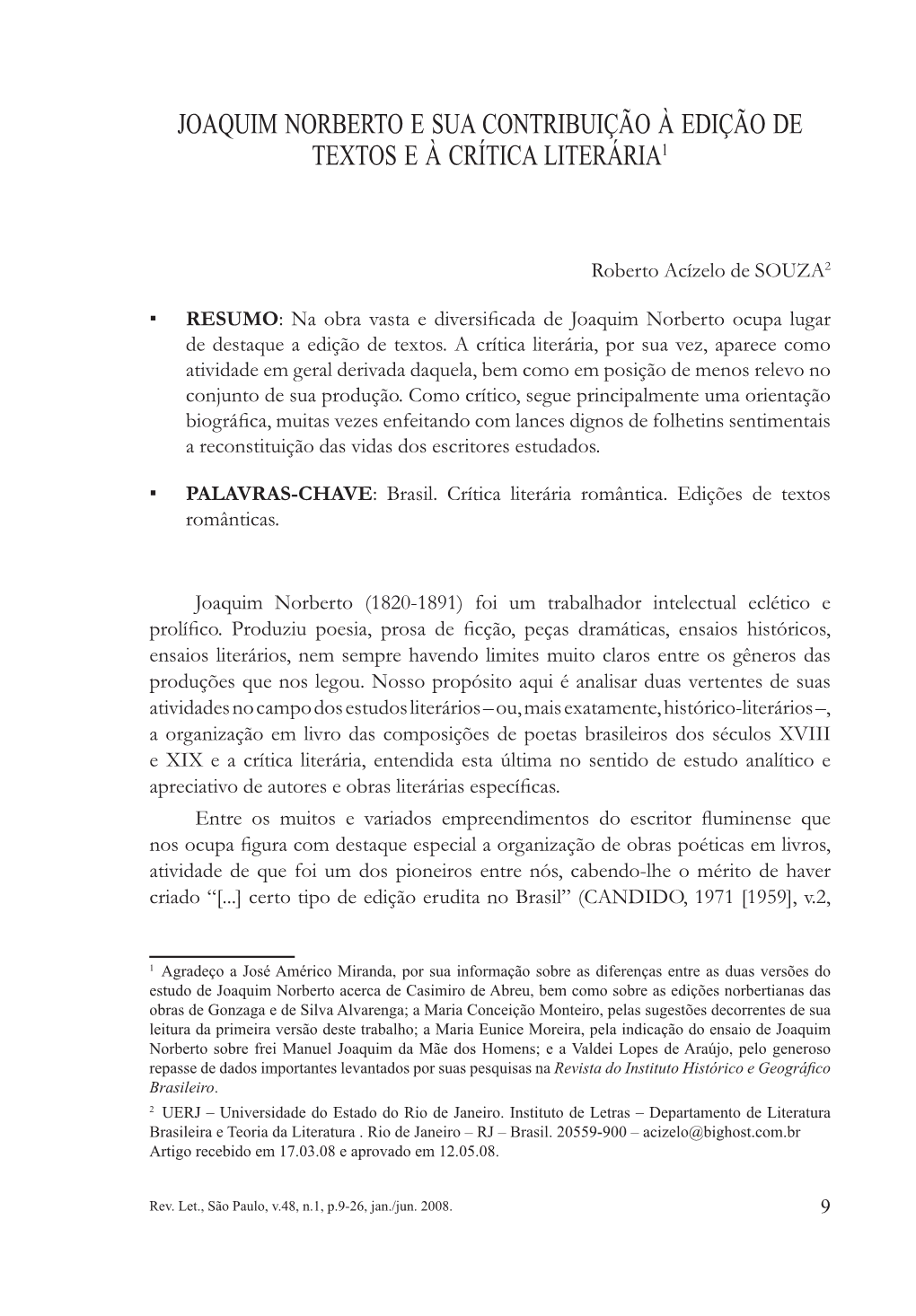 Joaquim Norberto E Sua Contribuição À Edição De Textos E À Crítica Literária1