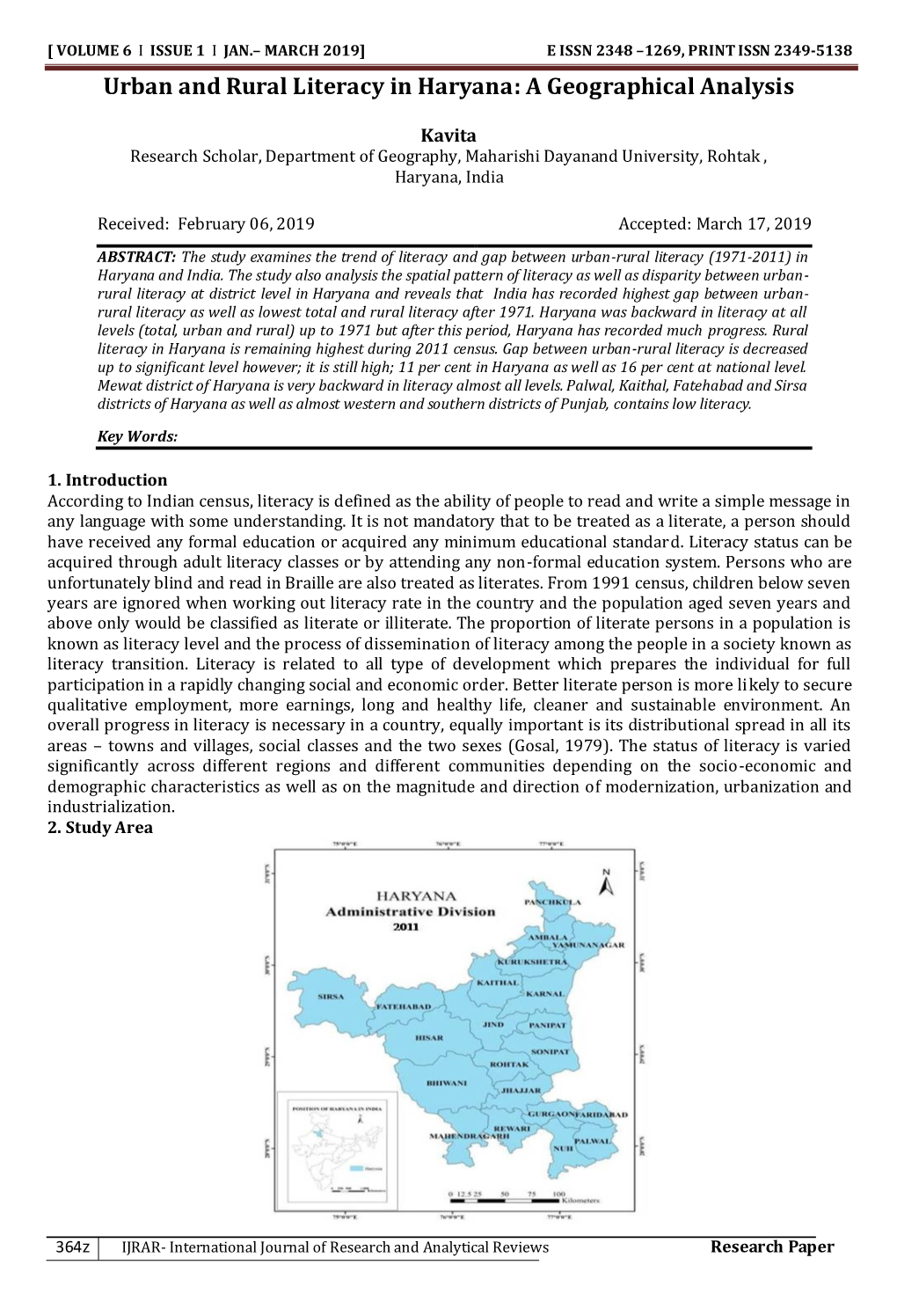 Urban and Rural Literacy in Haryana: a Geographical Analysis