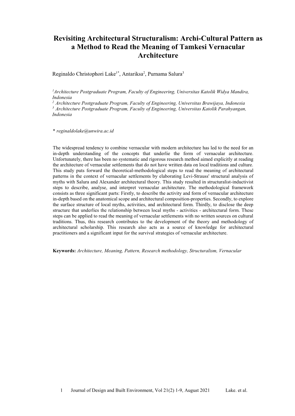 Revisiting Architectural Structuralism: Archi-Cultural Pattern As a Method to Read the Meaning of Tamkesi Vernacular Architecture