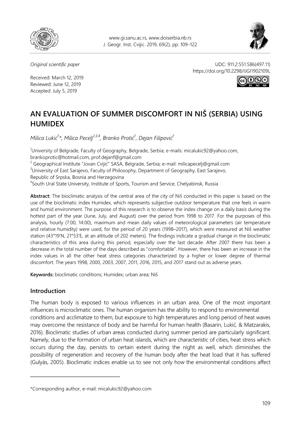 An Evaluation of Summer Discomfort in Niš (Serbia) Using Humidex
