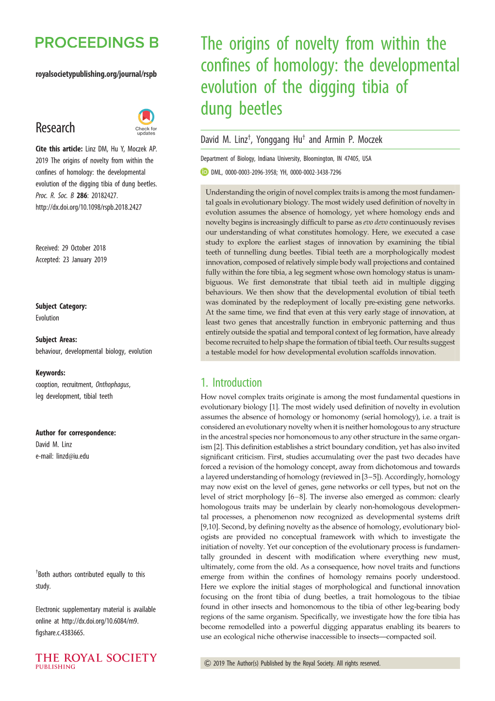 The Developmental Evolution of the Digging Tibia of Dung Beetles Research David M