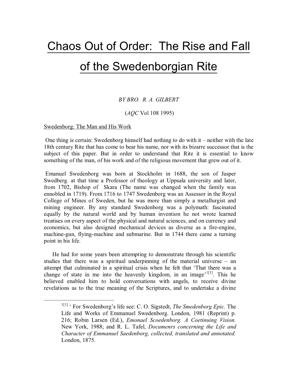 Chaos out of Order: the Rise and Fall of the Swedenborgian Rite