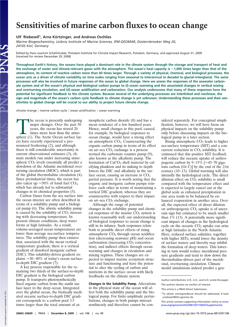 Sensitivities of Marine Carbon Fluxes to Ocean Change