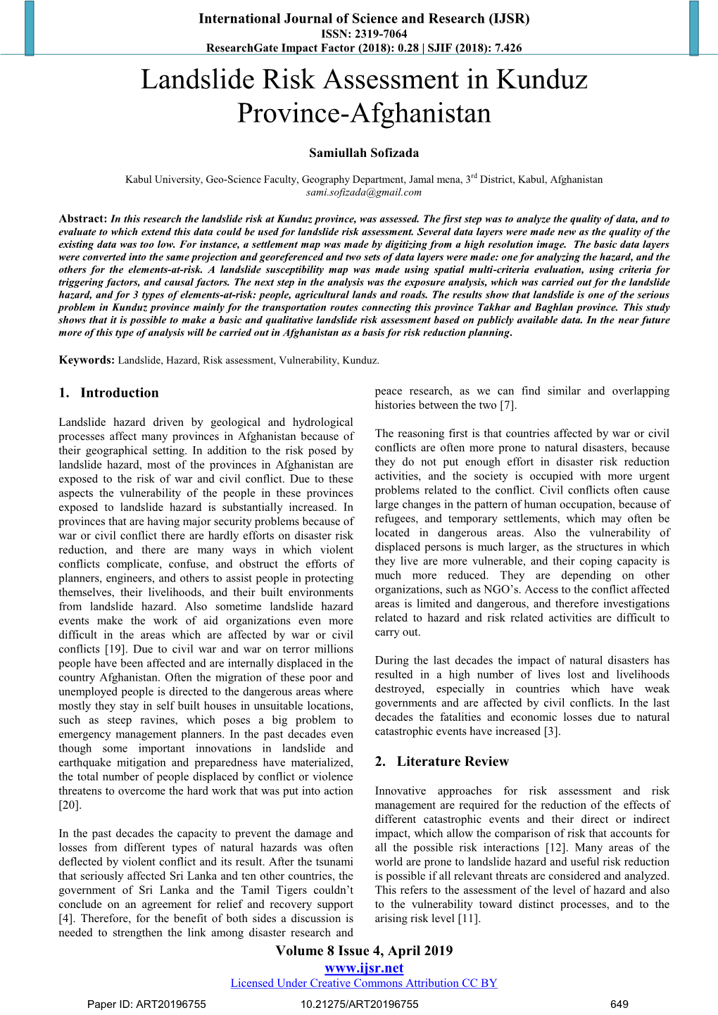 Landslide Risk Assessment in Kunduz Province-Afghanistan