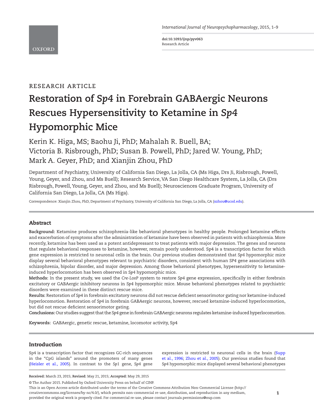 Restoration of Sp4 in Forebrain Gabaergic Neurons Rescues Hypersensitivity to Ketamine in Sp4 Hypomorphic Mice Kerin K