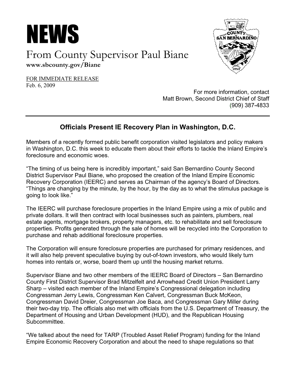 NEWS from County Supervisor Paul Biane