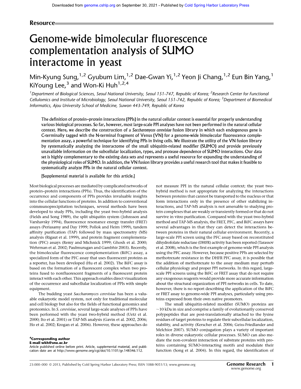 Genome-Wide Bimolecular Fluorescence Complementation Analysis of SUMO Interactome in Yeast