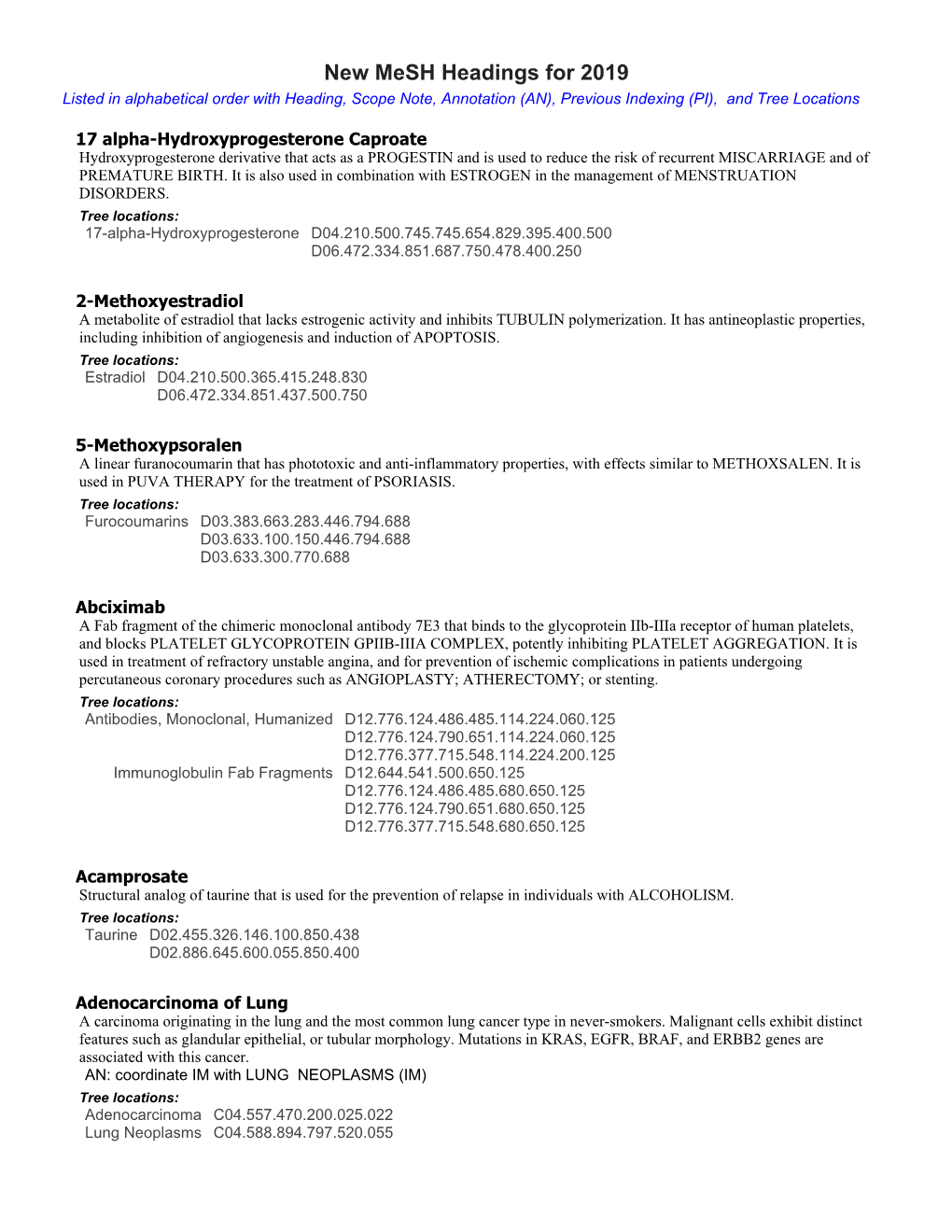 New Mesh Headings for 2019 Listed in Alphabetical Order with Heading, Scope Note, Annotation (AN), Previous Indexing (PI), and Tree Locations