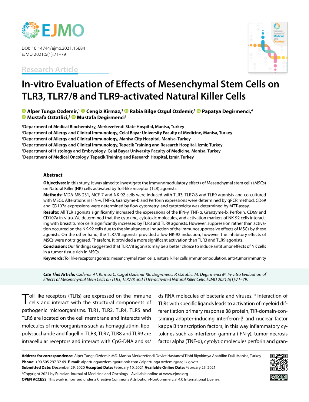 In-Vitro Evaluation of Effects of Mesenchymal Stem Cells on TLR3, TLR7/8 and TLR9-Activated Natural Killer Cells