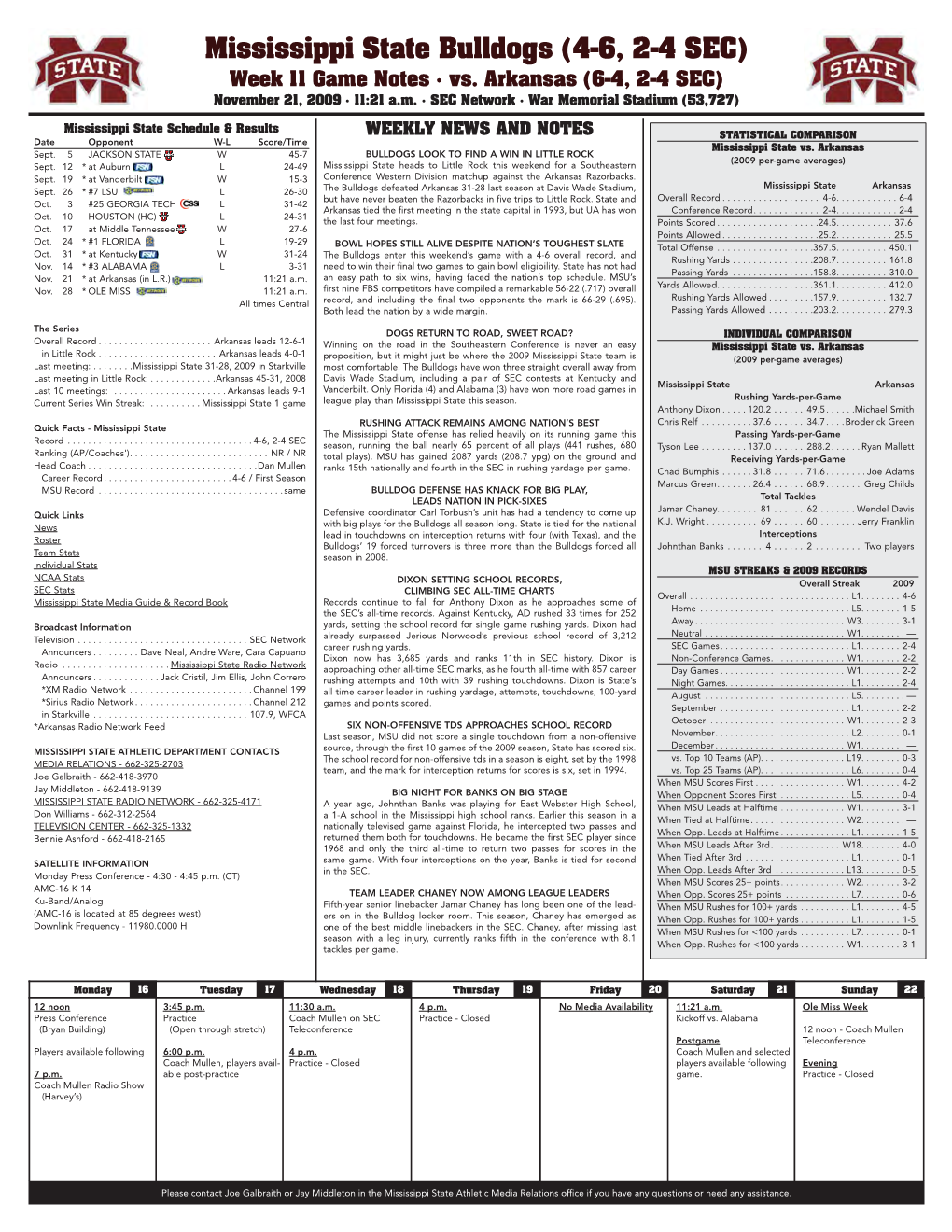 Mississippi State Bulldogs (4-6, 2-4 SEC) Week 11 Game Notes • Vs