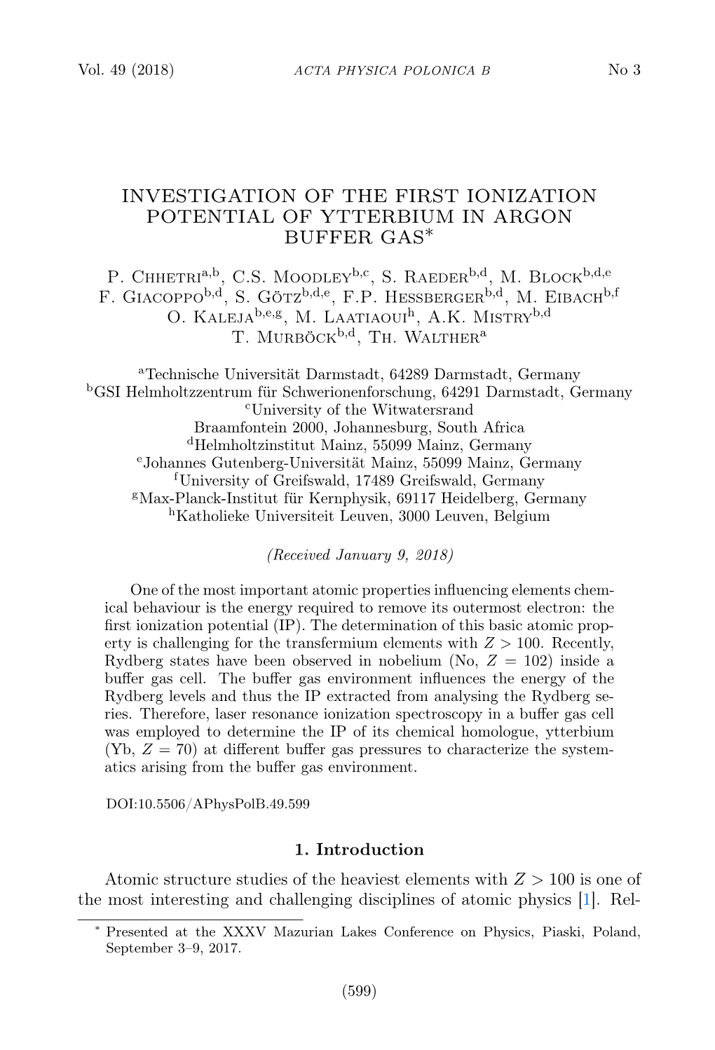 Investigation of the First Ionization Potential of Ytterbium in Argonbuffer