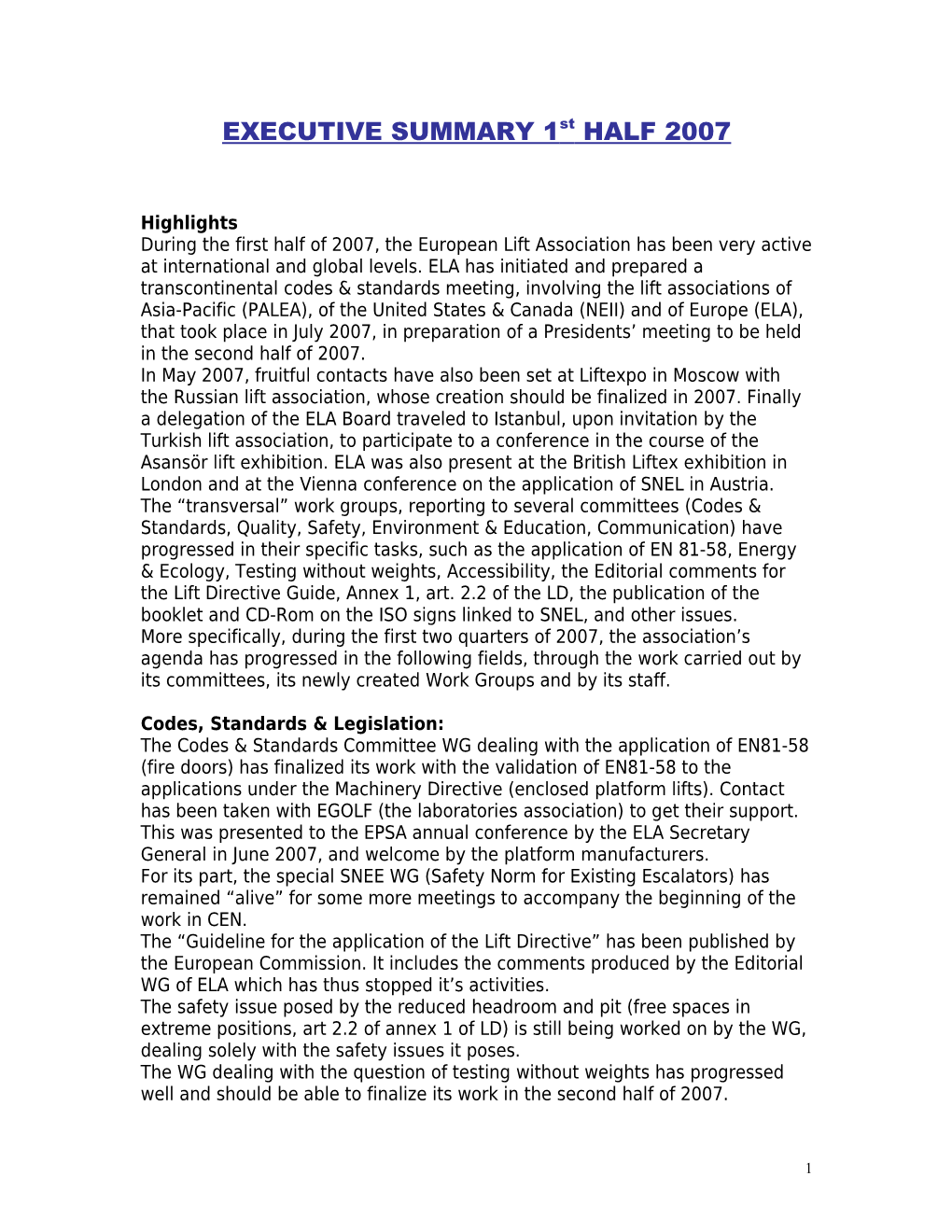 EXECUTIVE SUMMARY 1St HALF 2007