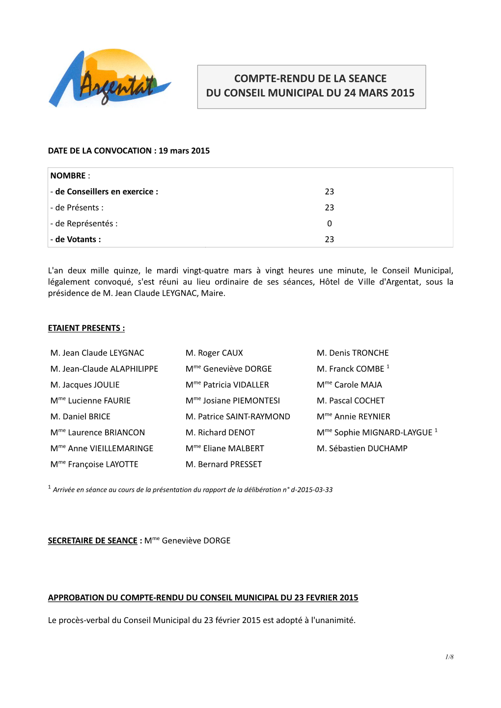 Compte-Rendu De La Seance Du Conseil Municipal Du 24 Mars 2015