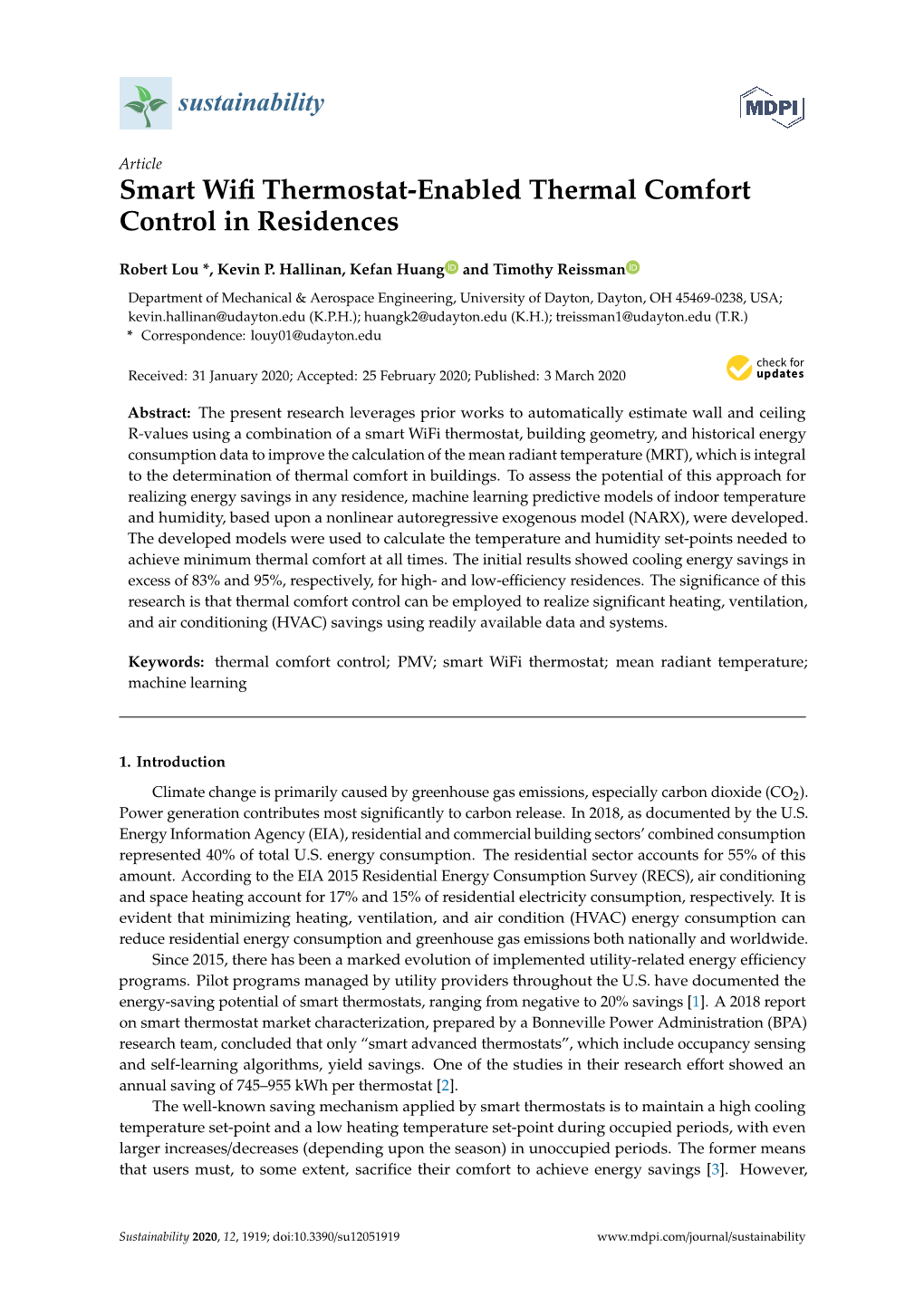 Smart Wifi Thermostat-Enabled Thermal Comfort Control in Residences