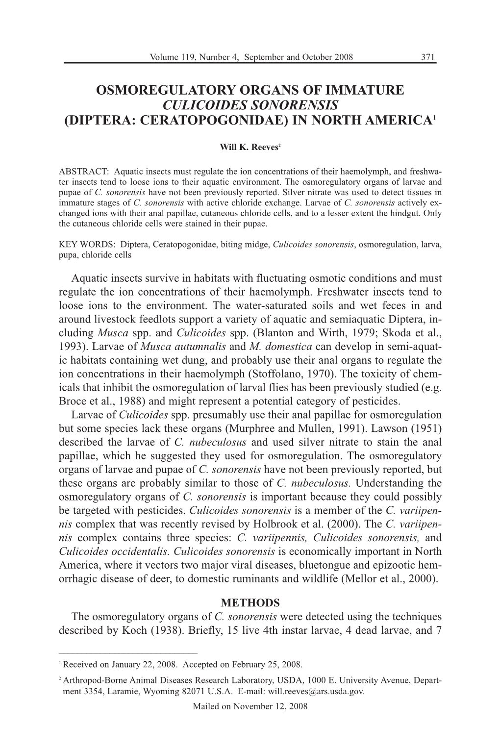 Osmoregulatory Organs of Immature Culicoides Sonorensis (Diptera: Ceratopogonidae) in North America1